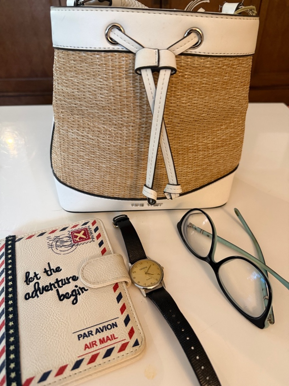 Nine West Straw Mini Bucket Bag with White Trim